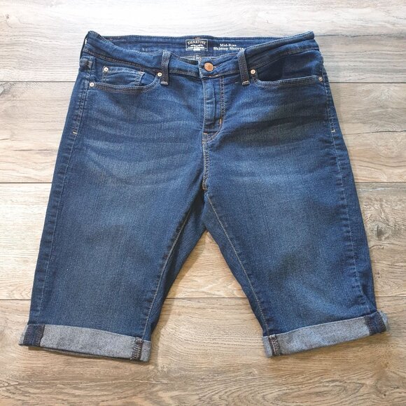 Levis Signature Mid Rise Skinny Denim Shorts W32 Rolled Cuff Blue Stretch - Picture 1 of 7